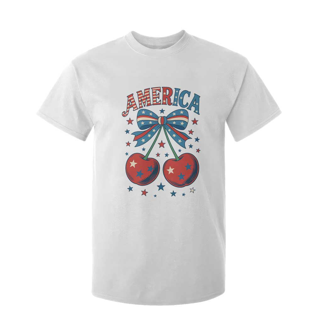 Retro Americana Cherries and Stars Coquette Bow T Shirt For Kid America Cute Patriotic 4th Of July US TS02 White Print Your Wear