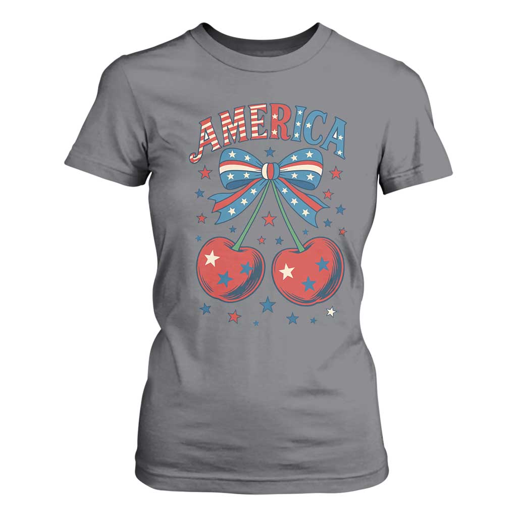 Retro Americana Cherries and Stars Coquette Bow T Shirt For Women America Cute Patriotic 4th Of July US TS02 Charcoal Print Your Wear