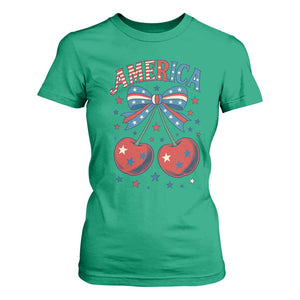 Retro Americana Cherries and Stars Coquette Bow T Shirt For Women America Cute Patriotic 4th Of July US TS02 Irish Green Print Your Wear