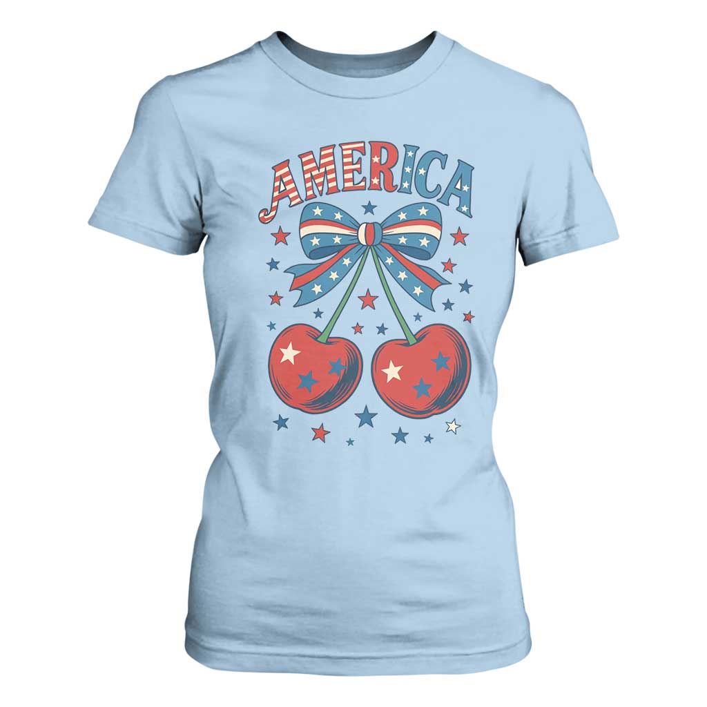 Retro Americana Cherries and Stars Coquette Bow T Shirt For Women America Cute Patriotic 4th Of July US TS02 Light Blue Print Your Wear