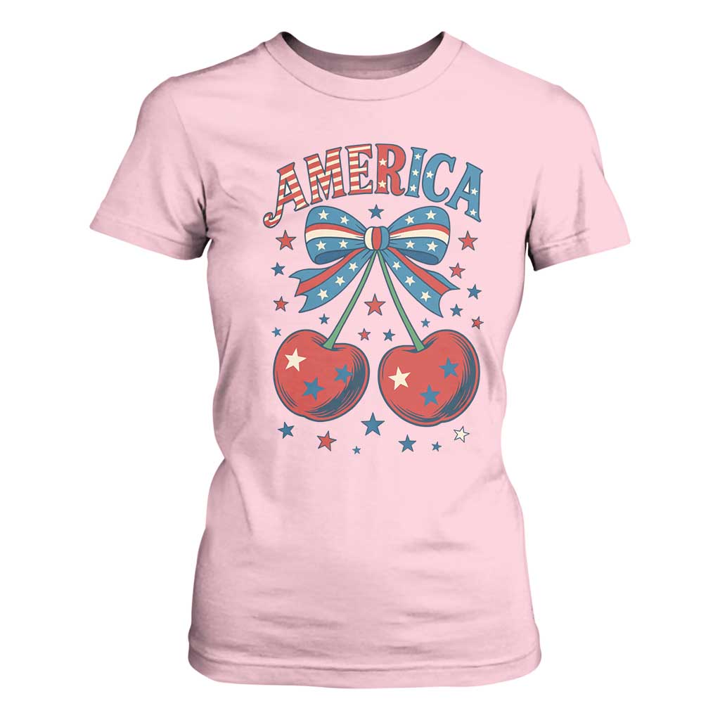 Retro Americana Cherries and Stars Coquette Bow T Shirt For Women America Cute Patriotic 4th Of July US TS02 Light Pink Print Your Wear