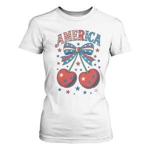 Retro Americana Cherries and Stars Coquette Bow T Shirt For Women America Cute Patriotic 4th Of July US TS02 White Print Your Wear