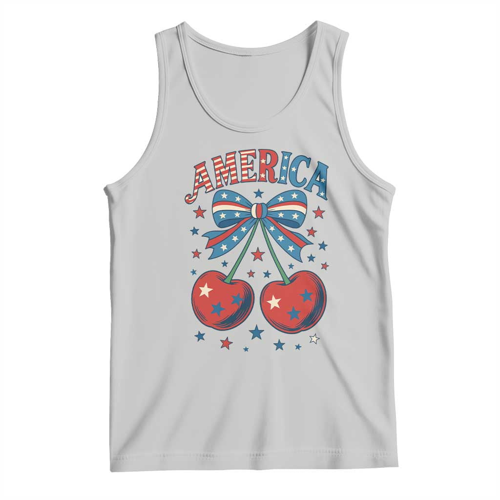 Retro Americana Cherries and Stars Coquette Bow Tank Top America Cute Patriotic 4th Of July US TS02 Ash Print Your Wear