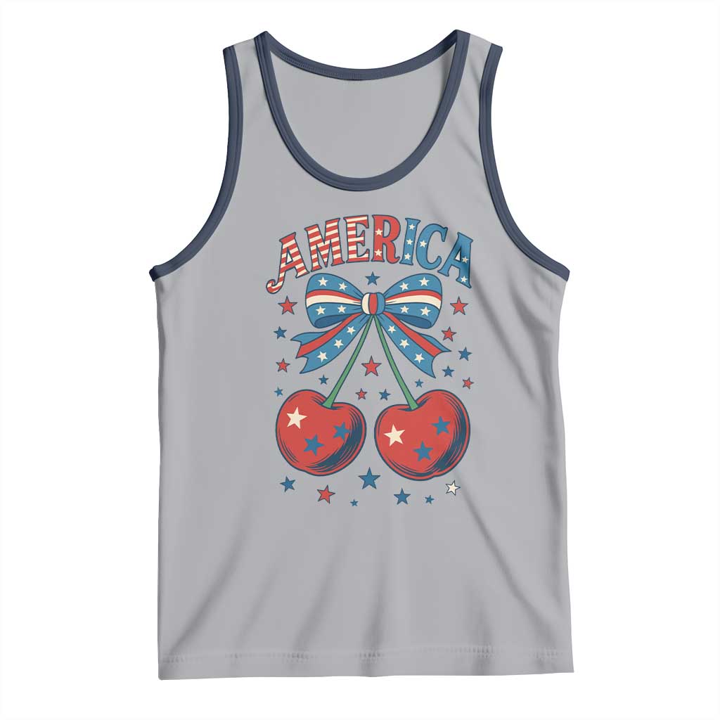 Retro Americana Cherries and Stars Coquette Bow Tank Top America Cute Patriotic 4th Of July US TS02 Athletic Heather Navy Print Your Wear