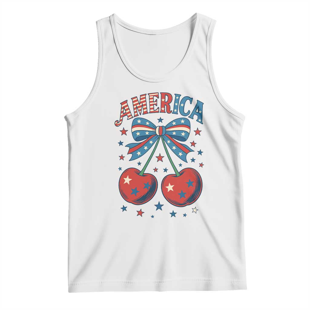Retro Americana Cherries and Stars Coquette Bow Tank Top America Cute Patriotic 4th Of July US TS02 White Print Your Wear