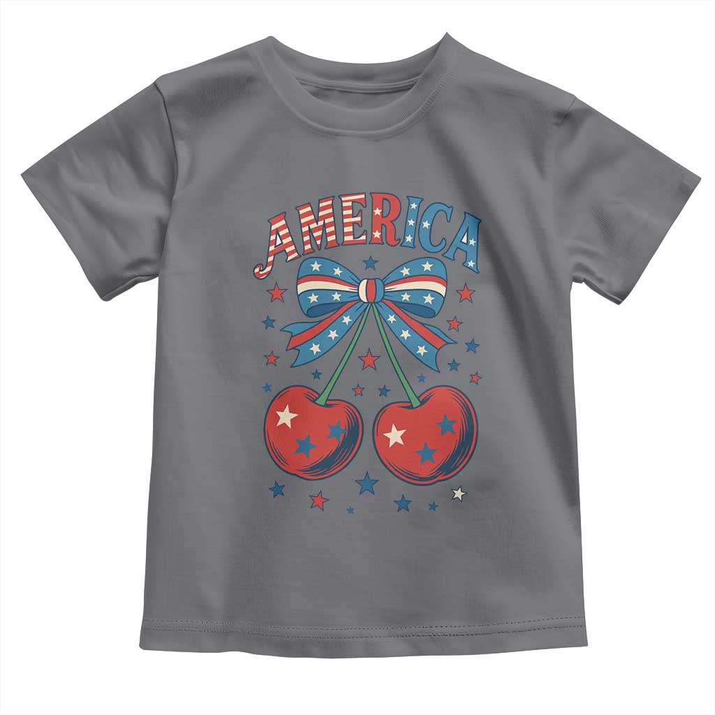 Retro Americana Cherries and Stars Coquette Bow Toddler T Shirt America Cute Patriotic 4th Of July US TS02 Charcoal Print Your Wear