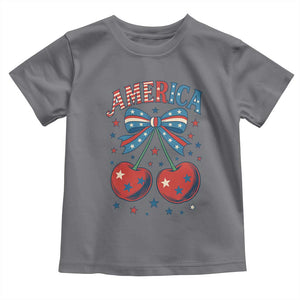Retro Americana Cherries and Stars Coquette Bow Toddler T Shirt America Cute Patriotic 4th Of July US TS02 Charcoal Print Your Wear