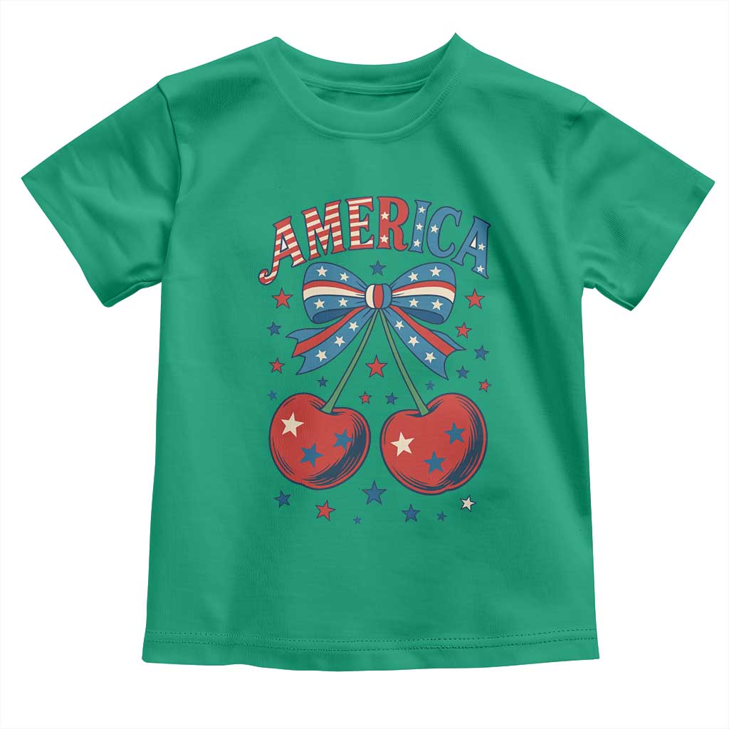 Retro Americana Cherries and Stars Coquette Bow Toddler T Shirt America Cute Patriotic 4th Of July US TS02 Irish Green Print Your Wear