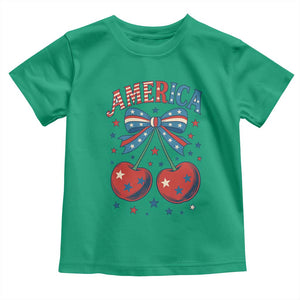 Retro Americana Cherries and Stars Coquette Bow Toddler T Shirt America Cute Patriotic 4th Of July US TS02 Irish Green Print Your Wear