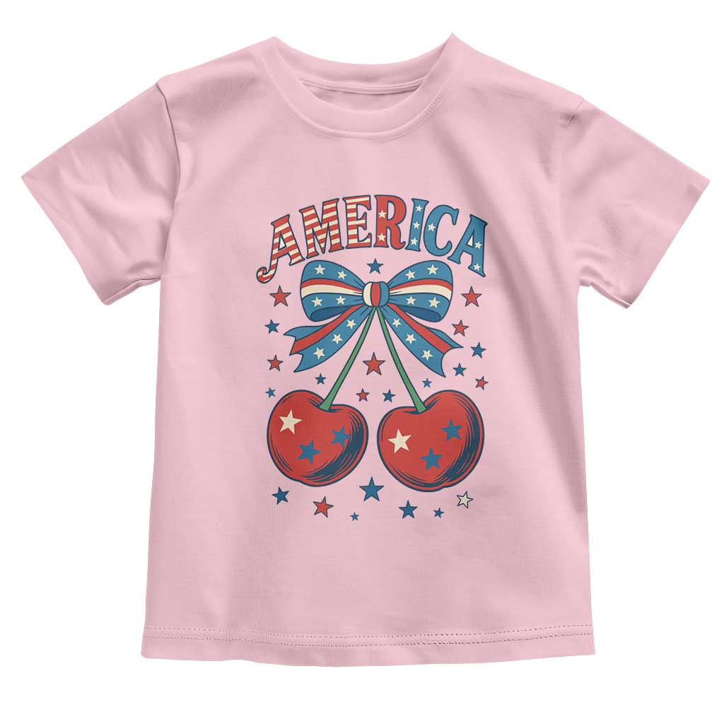 Retro Americana Cherries and Stars Coquette Bow Toddler T Shirt America Cute Patriotic 4th Of July US TS02 Light Pink Print Your Wear