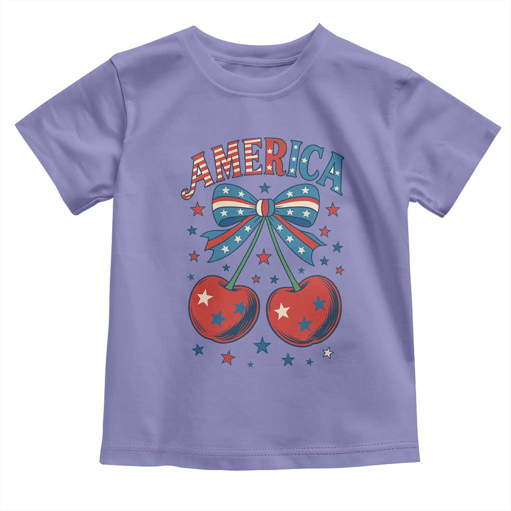 Retro Americana Cherries and Stars Coquette Bow Toddler T Shirt America Cute Patriotic 4th Of July US TS02 Violet Print Your Wear