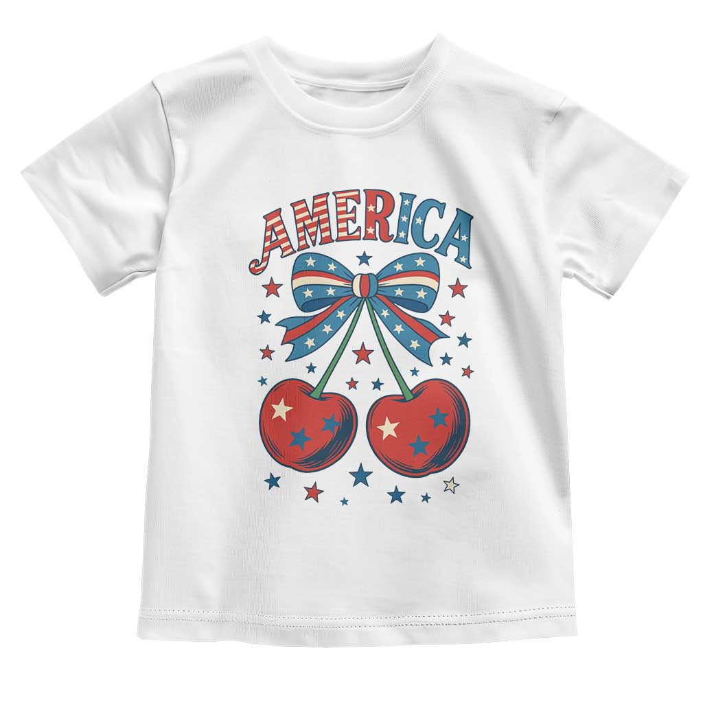 Retro Americana Cherries and Stars Coquette Bow Toddler T Shirt America Cute Patriotic 4th Of July US TS02 White Print Your Wear