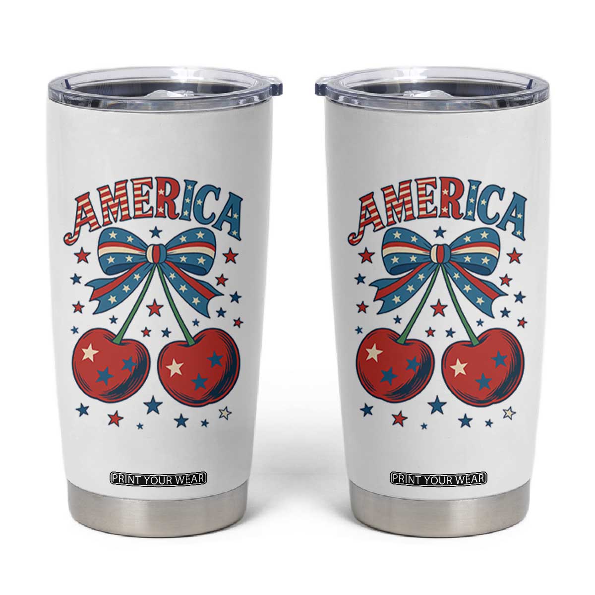 Retro Americana Cherries and Stars Coquette Bow Tumbler Cup America Cute Patriotic 4th Of July US TS02 White Print Your Wear