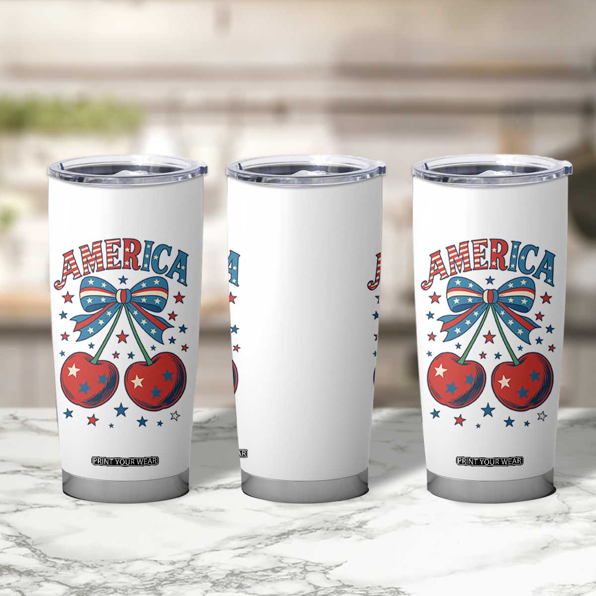 Retro Americana Cherries and Stars Coquette Bow Tumbler Cup America Cute Patriotic 4th Of July US TS02 Print Your Wear