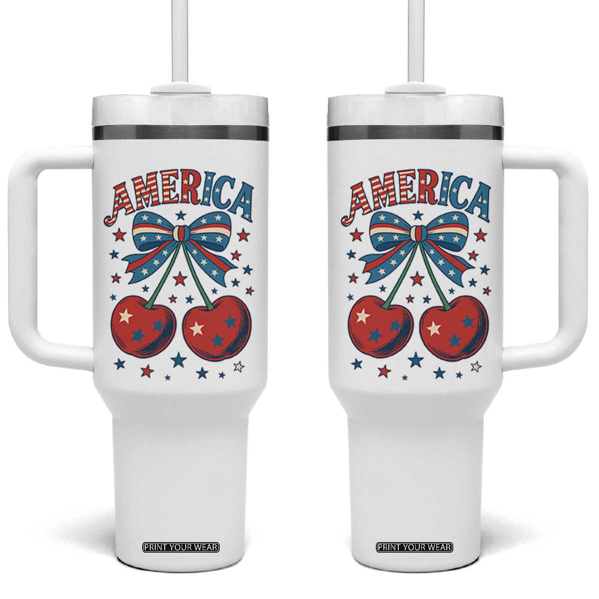 Retro Americana Cherries and Stars Coquette Bow Tumbler With Handle America Cute Patriotic 4th Of July US TS02 One Size: 40 oz White Print Your Wear
