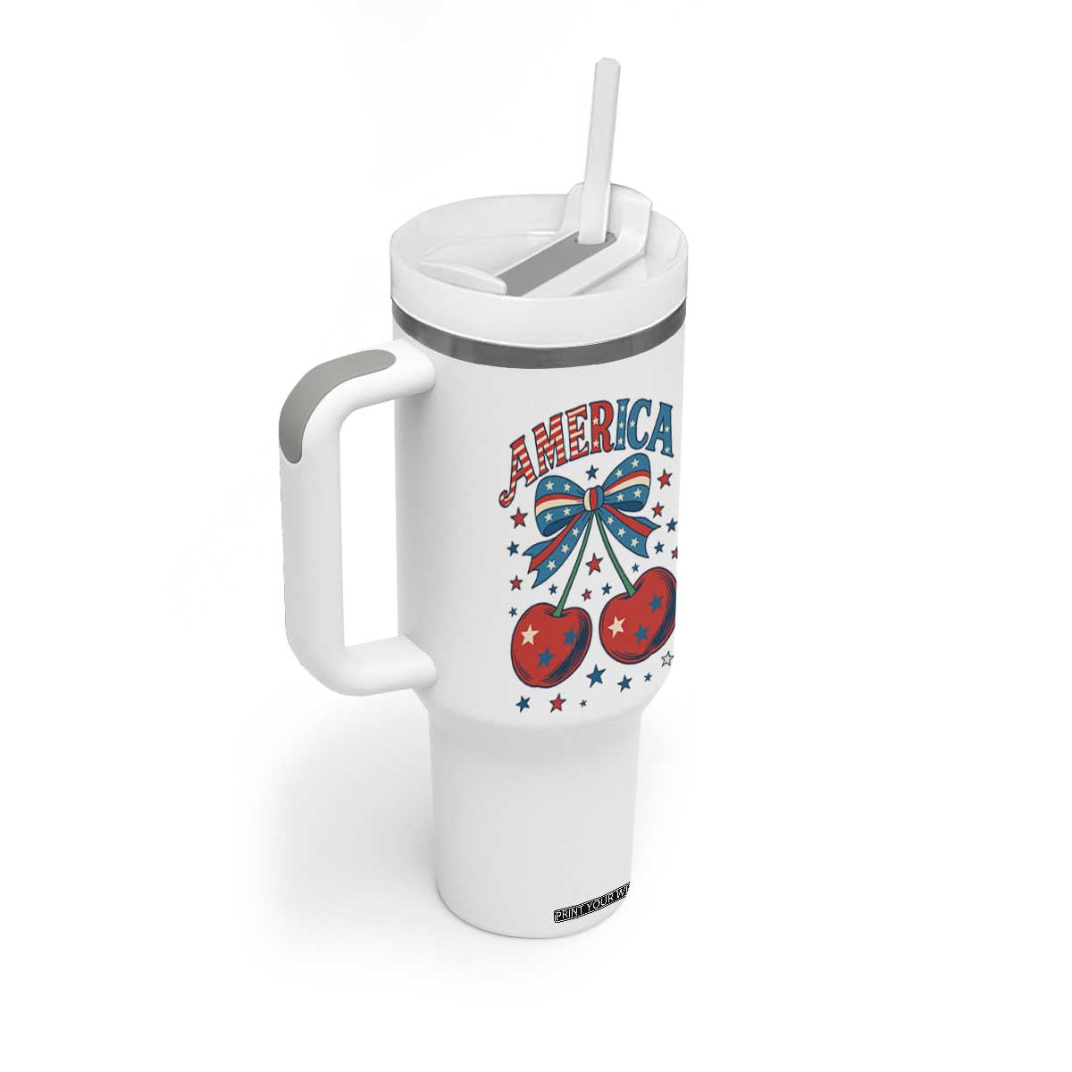 Retro Americana Cherries and Stars Coquette Bow Tumbler With Handle America Cute Patriotic 4th Of July US TS02 Print Your Wear