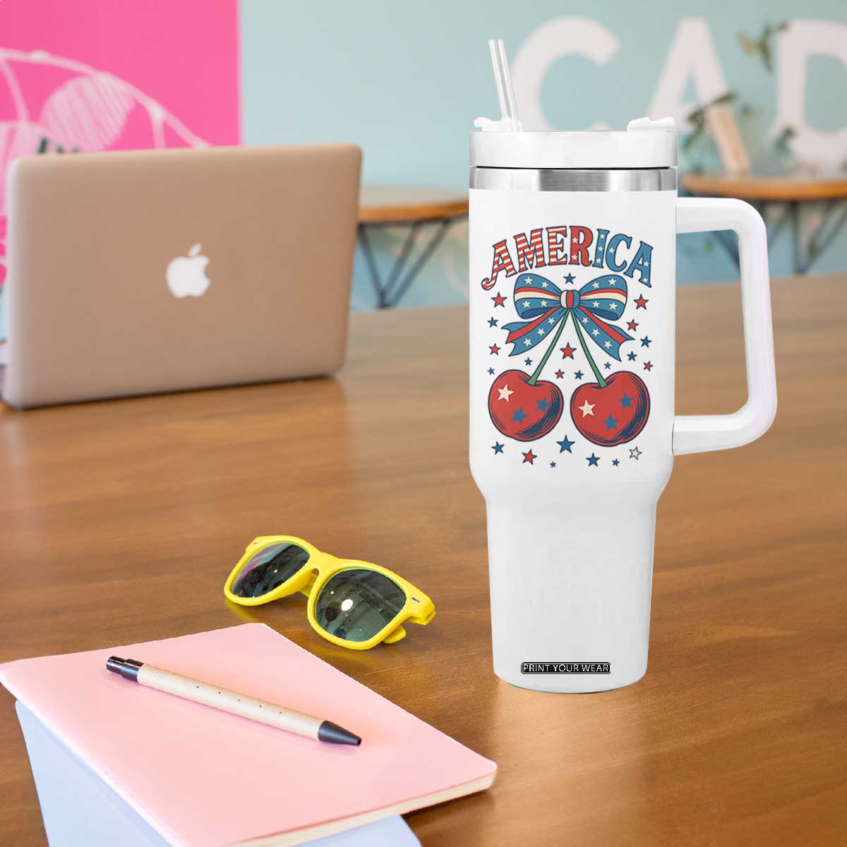Retro Americana Cherries and Stars Coquette Bow Tumbler With Handle America Cute Patriotic 4th Of July US TS02 Print Your Wear