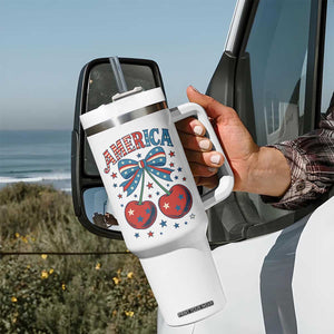 Retro Americana Cherries and Stars Coquette Bow Tumbler With Handle America Cute Patriotic 4th Of July US TS02 Print Your Wear