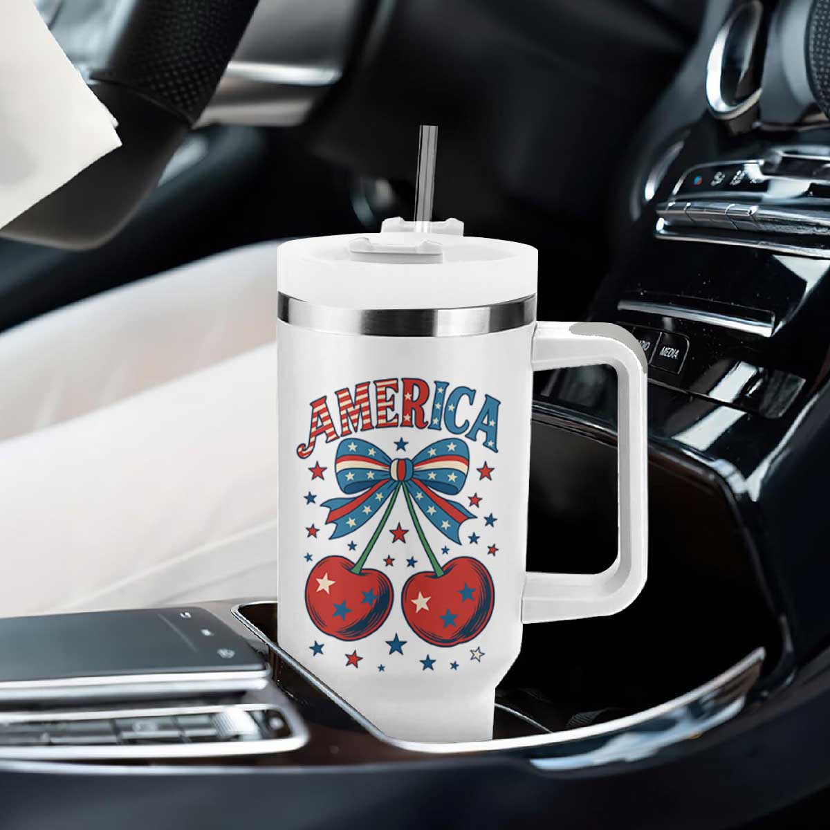 Retro Americana Cherries and Stars Coquette Bow Tumbler With Handle America Cute Patriotic 4th Of July US TS02 Print Your Wear