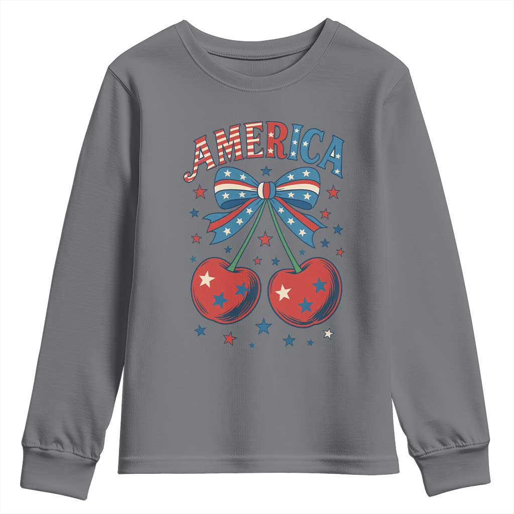Retro Americana Cherries and Stars Coquette Bow Youth Sweatshirt America Cute Patriotic 4th Of July US TS02 Charcoal Print Your Wear