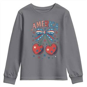 Retro Americana Cherries and Stars Coquette Bow Youth Sweatshirt America Cute Patriotic 4th Of July US TS02 Charcoal Print Your Wear