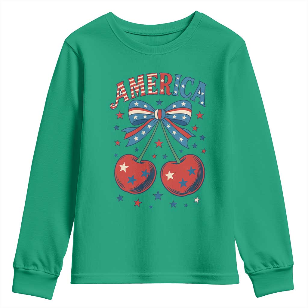 Retro Americana Cherries and Stars Coquette Bow Youth Sweatshirt America Cute Patriotic 4th Of July US TS02 Irish Green Print Your Wear