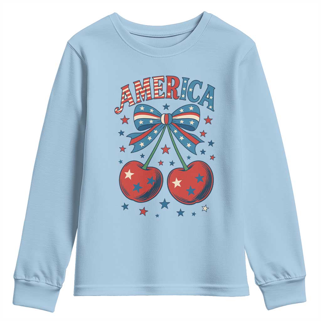 Retro Americana Cherries and Stars Coquette Bow Youth Sweatshirt America Cute Patriotic 4th Of July US TS02 Light Blue Print Your Wear