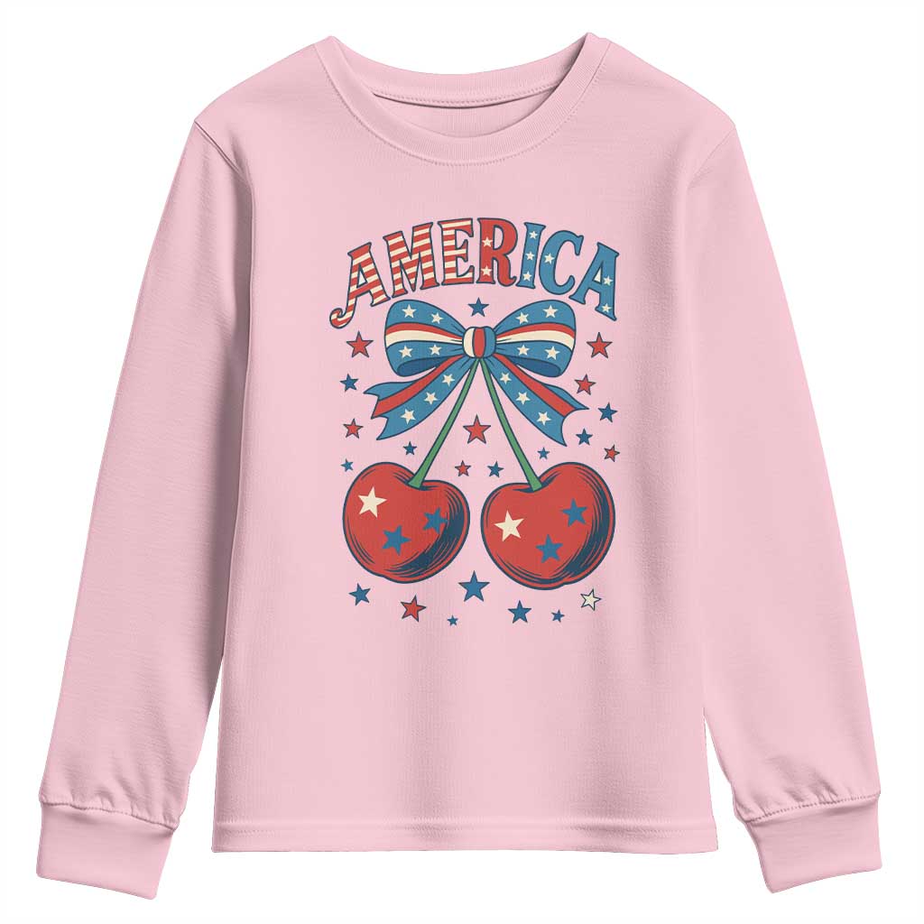 Retro Americana Cherries and Stars Coquette Bow Youth Sweatshirt America Cute Patriotic 4th Of July US TS02 Light Pink Print Your Wear