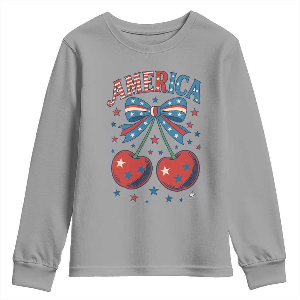 Retro Americana Cherries and Stars Coquette Bow Youth Sweatshirt America Cute Patriotic 4th Of July US TS02 Sport Gray Print Your Wear