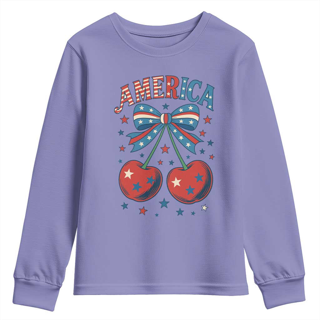 Retro Americana Cherries and Stars Coquette Bow Youth Sweatshirt America Cute Patriotic 4th Of July US TS02 Violet Print Your Wear