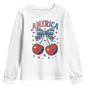 Retro Americana Cherries and Stars Coquette Bow Youth Sweatshirt America Cute Patriotic 4th Of July US TS02 White Print Your Wear