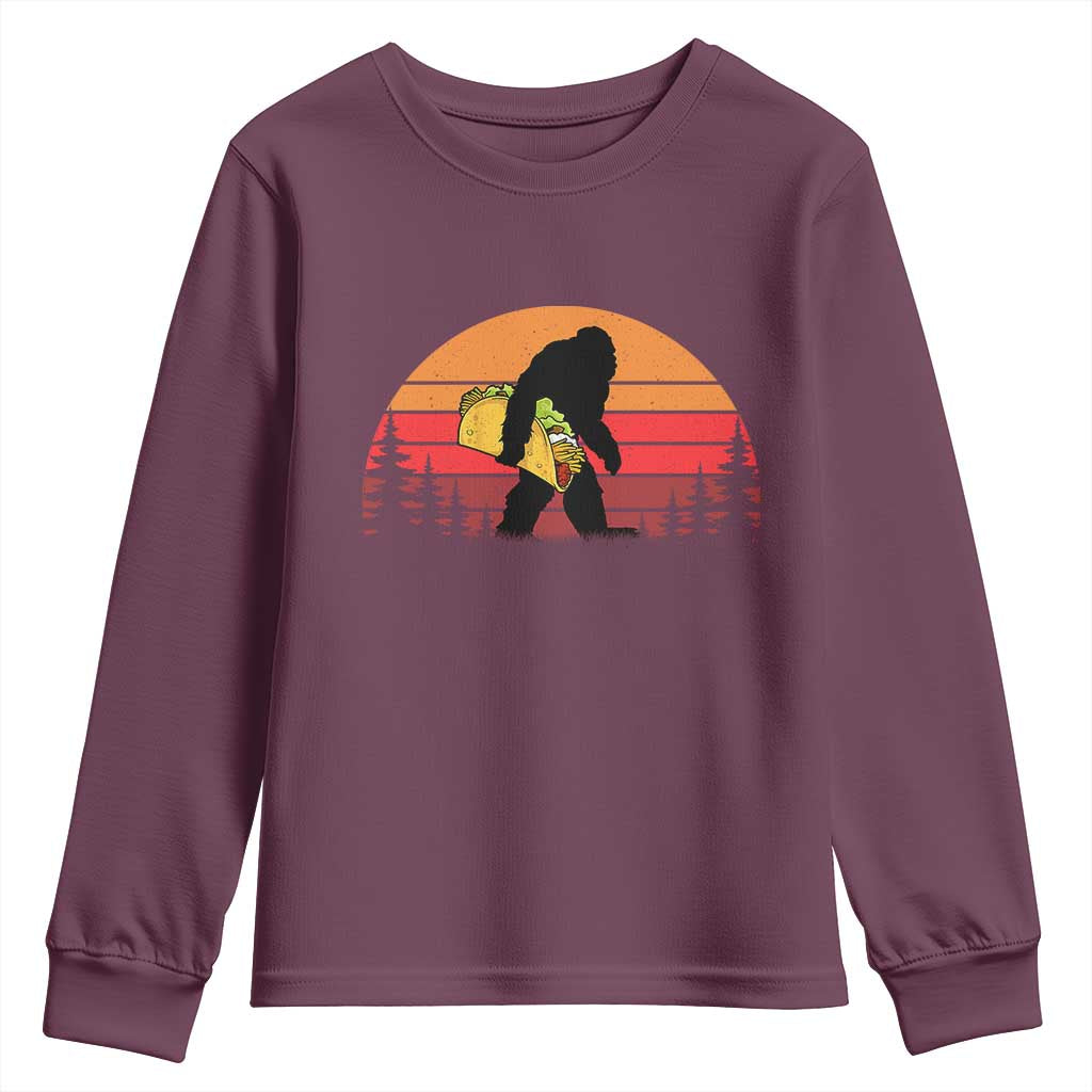 Retro Bigfoot Taco Youth Sweatshirt Funny Cinco de Mayo Sasquatch Lovers TS10 Maroon Print Your Wear