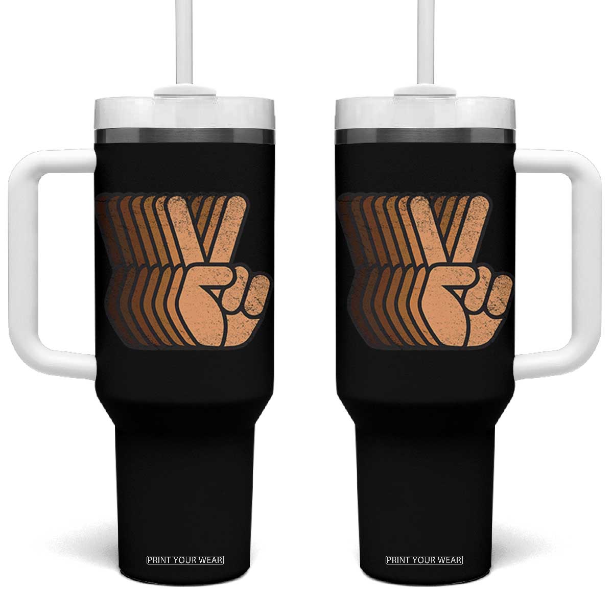 Retro Equality for All Tumbler With Handle Peace Sign V Fingers Skin Tone Hands Vintage TS10 One Size: 40 oz Black Print Your Wear