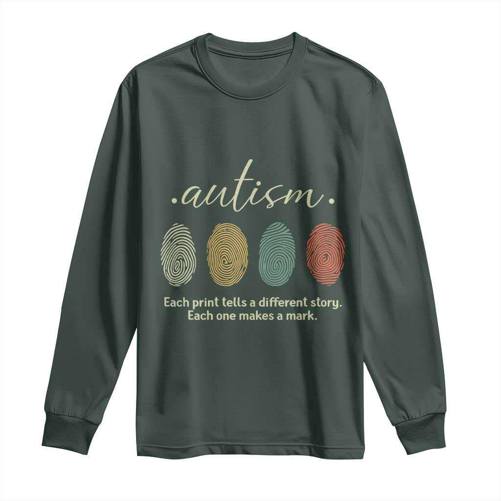 Retro Fingerprint Autism Awareness Long Sleeve Shirt Each Print Tells A Different Story TS10 Dark Forest Green Print Your Wear