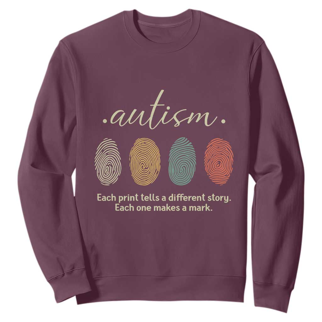 Retro Fingerprint Autism Awareness Sweatshirt Each Print Tells A Different Story TS10 Maroon Print Your Wear