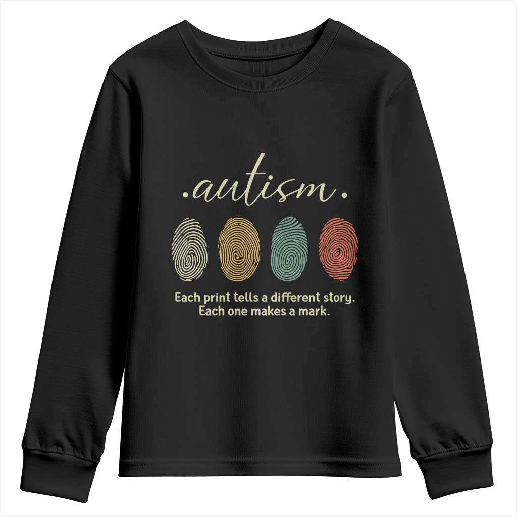 Retro Fingerprint Autism Awareness Youth Sweatshirt Each Print Tells A Different Story TS10 Black Print Your Wear