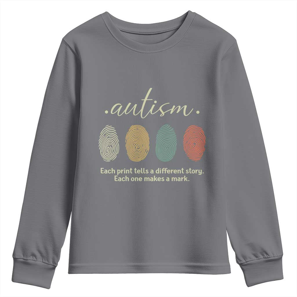 Retro Fingerprint Autism Awareness Youth Sweatshirt Each Print Tells A Different Story TS10 Charcoal Print Your Wear