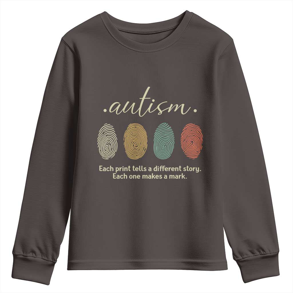 Retro Fingerprint Autism Awareness Youth Sweatshirt Each Print Tells A Different Story TS10 Dark Chocolate Print Your Wear