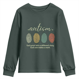 Retro Fingerprint Autism Awareness Youth Sweatshirt Each Print Tells A Different Story TS10 Dark Forest Green Print Your Wear