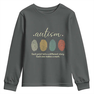 Retro Fingerprint Autism Awareness Youth Sweatshirt Each Print Tells A Different Story TS10 Dark Heather Print Your Wear