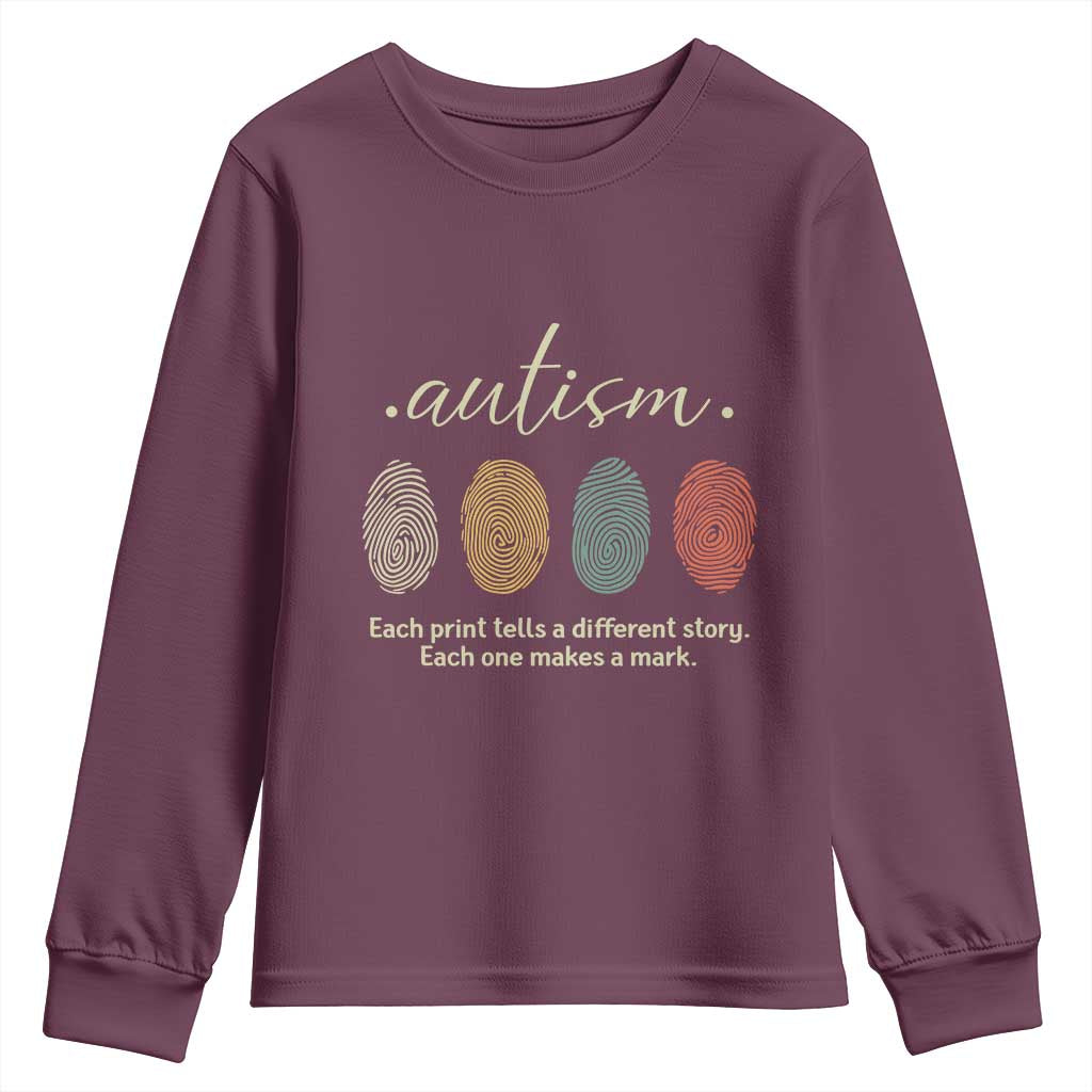 Retro Fingerprint Autism Awareness Youth Sweatshirt Each Print Tells A Different Story TS10 Maroon Print Your Wear