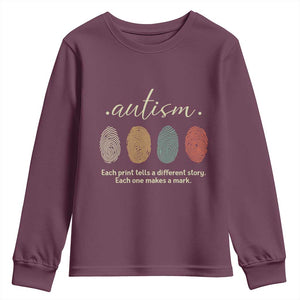 Retro Fingerprint Autism Awareness Youth Sweatshirt Each Print Tells A Different Story TS10 Maroon Print Your Wear