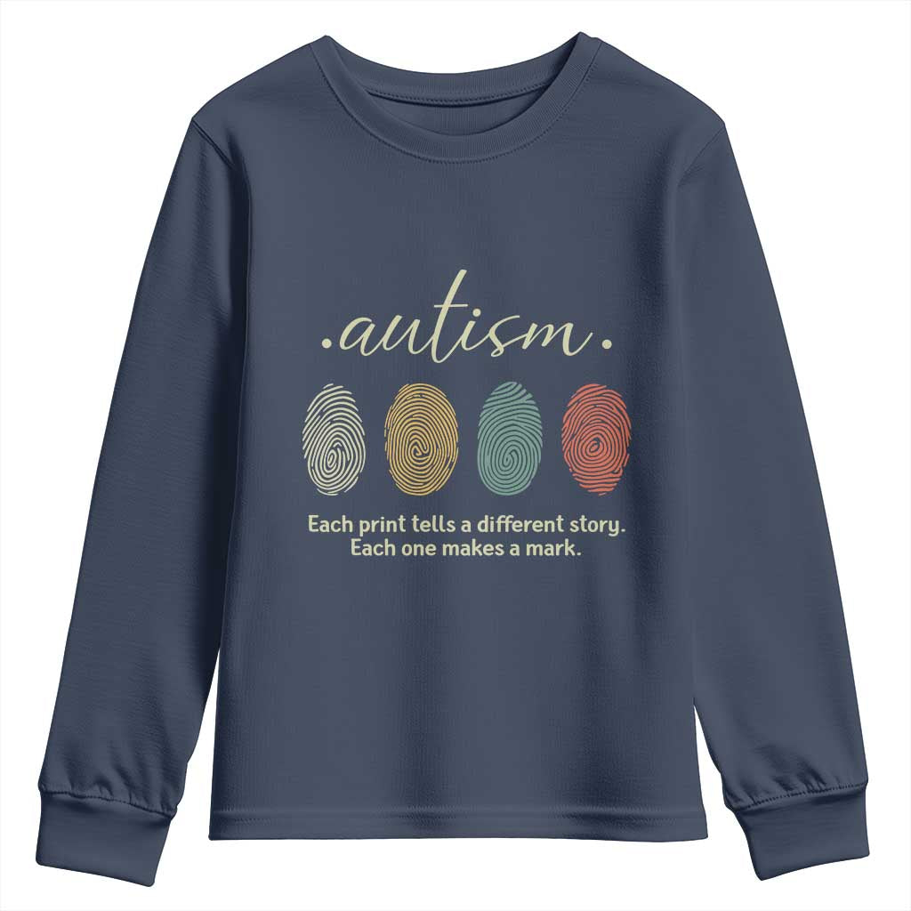 Retro Fingerprint Autism Awareness Youth Sweatshirt Each Print Tells A Different Story TS10 Navy Print Your Wear