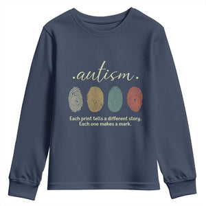 Retro Fingerprint Autism Awareness Youth Sweatshirt Each Print Tells A Different Story TS10 Navy Print Your Wear