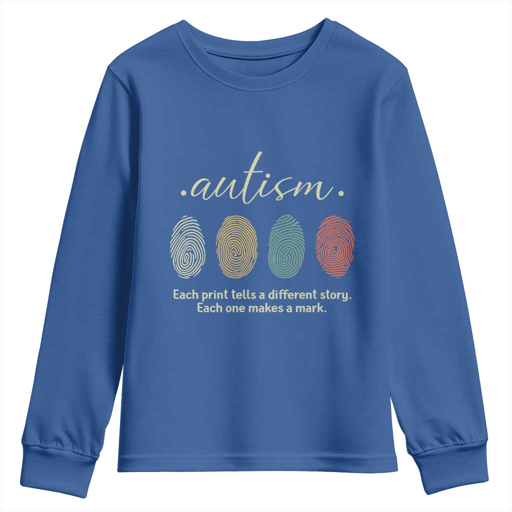 Retro Fingerprint Autism Awareness Youth Sweatshirt Each Print Tells A Different Story TS10 Royal Blue Print Your Wear