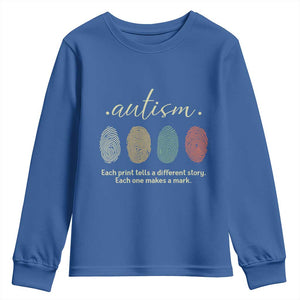 Retro Fingerprint Autism Awareness Youth Sweatshirt Each Print Tells A Different Story TS10 Royal Blue Print Your Wear