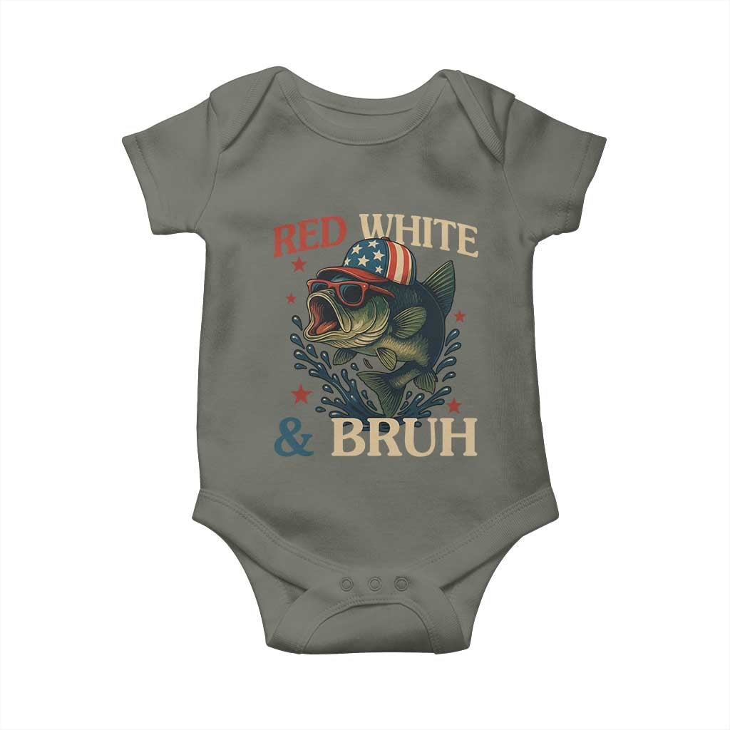 Retro Red White And Bruh Fishing Baby Onesie Funny Patriotic Bass 4th Of July TS02 Military Green Print Your Wear