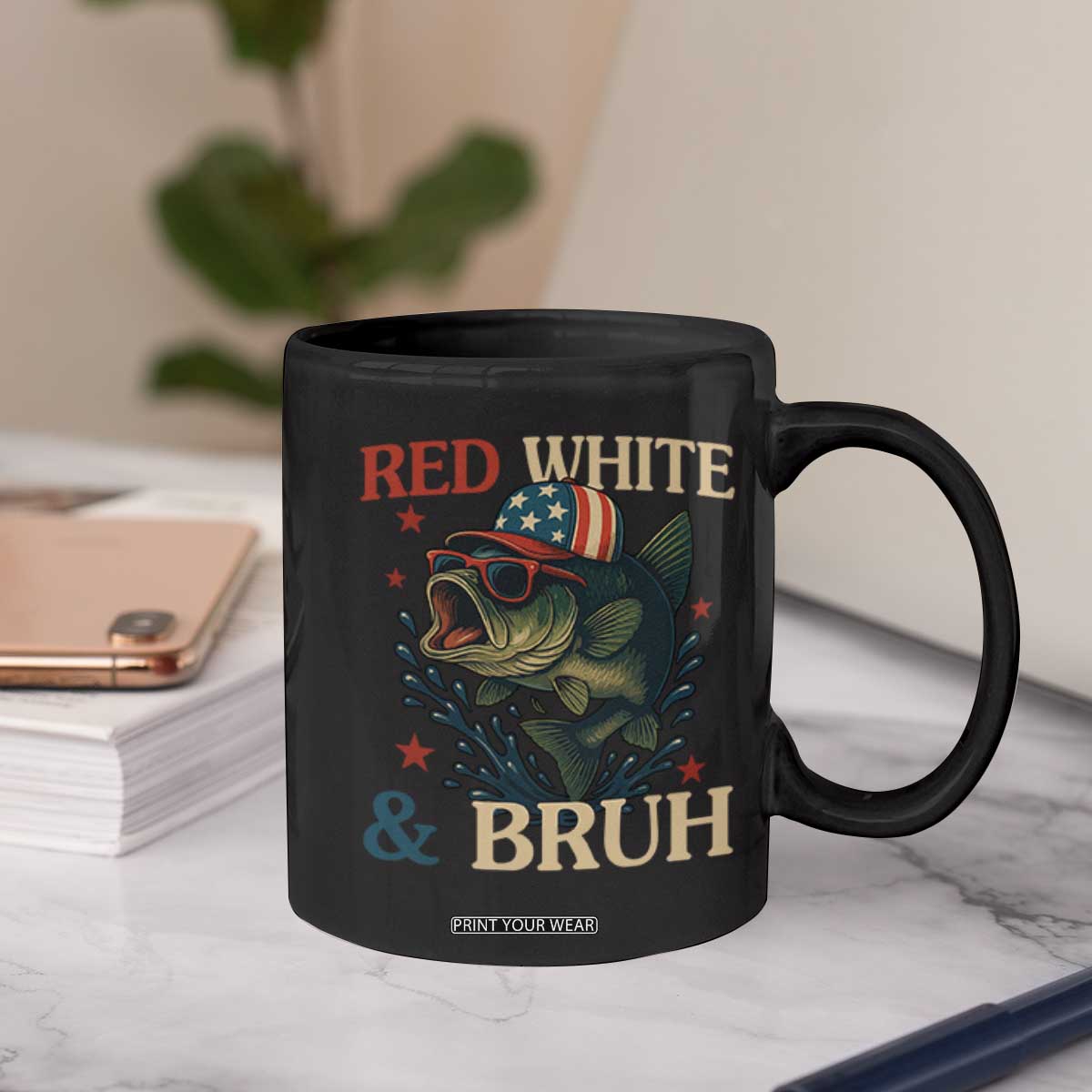 Retro Red White And Bruh Fishing Coffee Mug Funny Patriotic Bass 4th Of July TS02 Print Your Wear