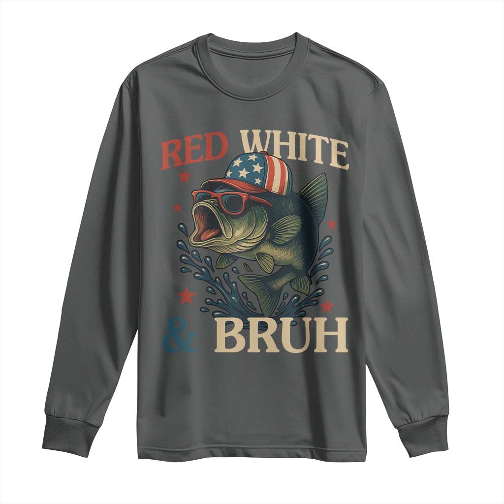Retro Red White And Bruh Fishing Long Sleeve Shirt Funny Patriotic Bass 4th Of July TS02 Dark Heather Print Your Wear
