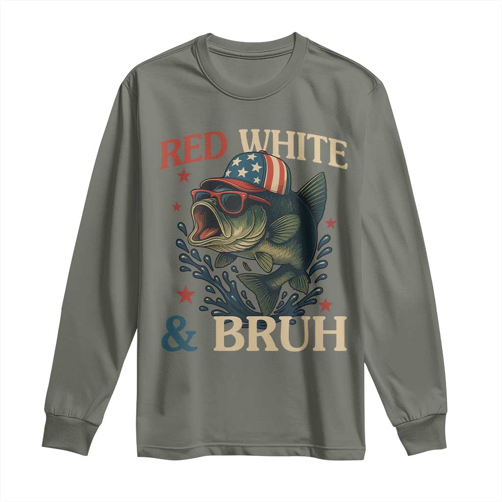 Retro Red White And Bruh Fishing Long Sleeve Shirt Funny Patriotic Bass 4th Of July TS02 Military Green Print Your Wear